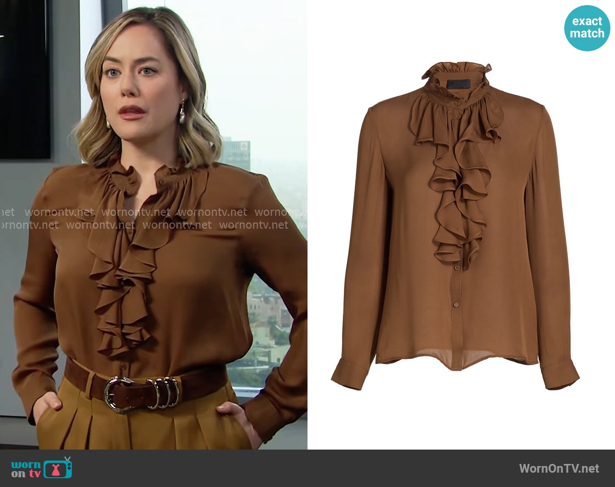 Nili Lotan Lily Ruffle-Embellished Silk Blouse in Cognac worn by Hope Logan (Annika Noelle) on The Bold and the Beautiful