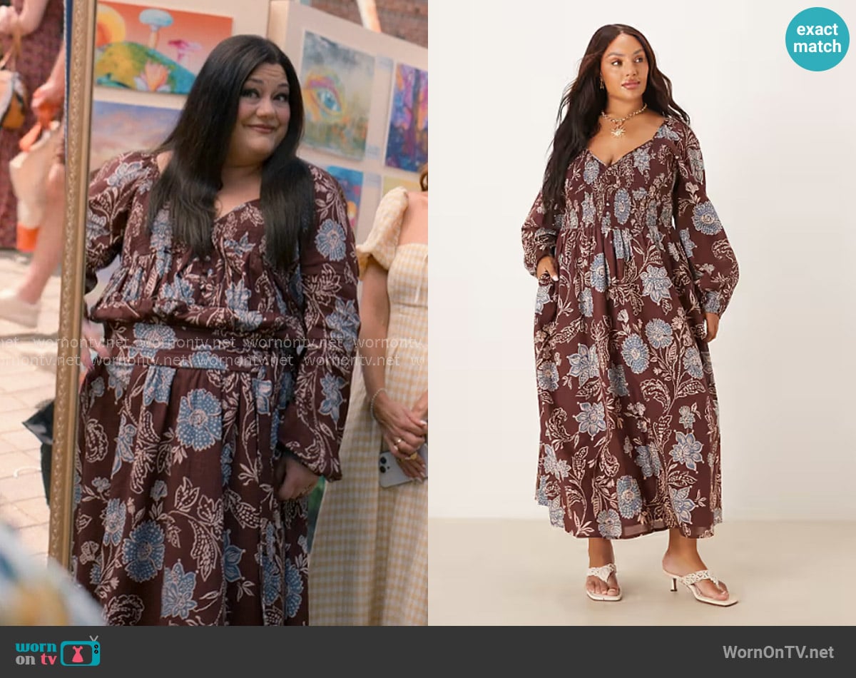 Nobody's Child Amaya Balloon Sleeve Midi Dress in brown floral worn by Dana Sue Sullivan (Brooke Elliott) on Sweet Magnolias