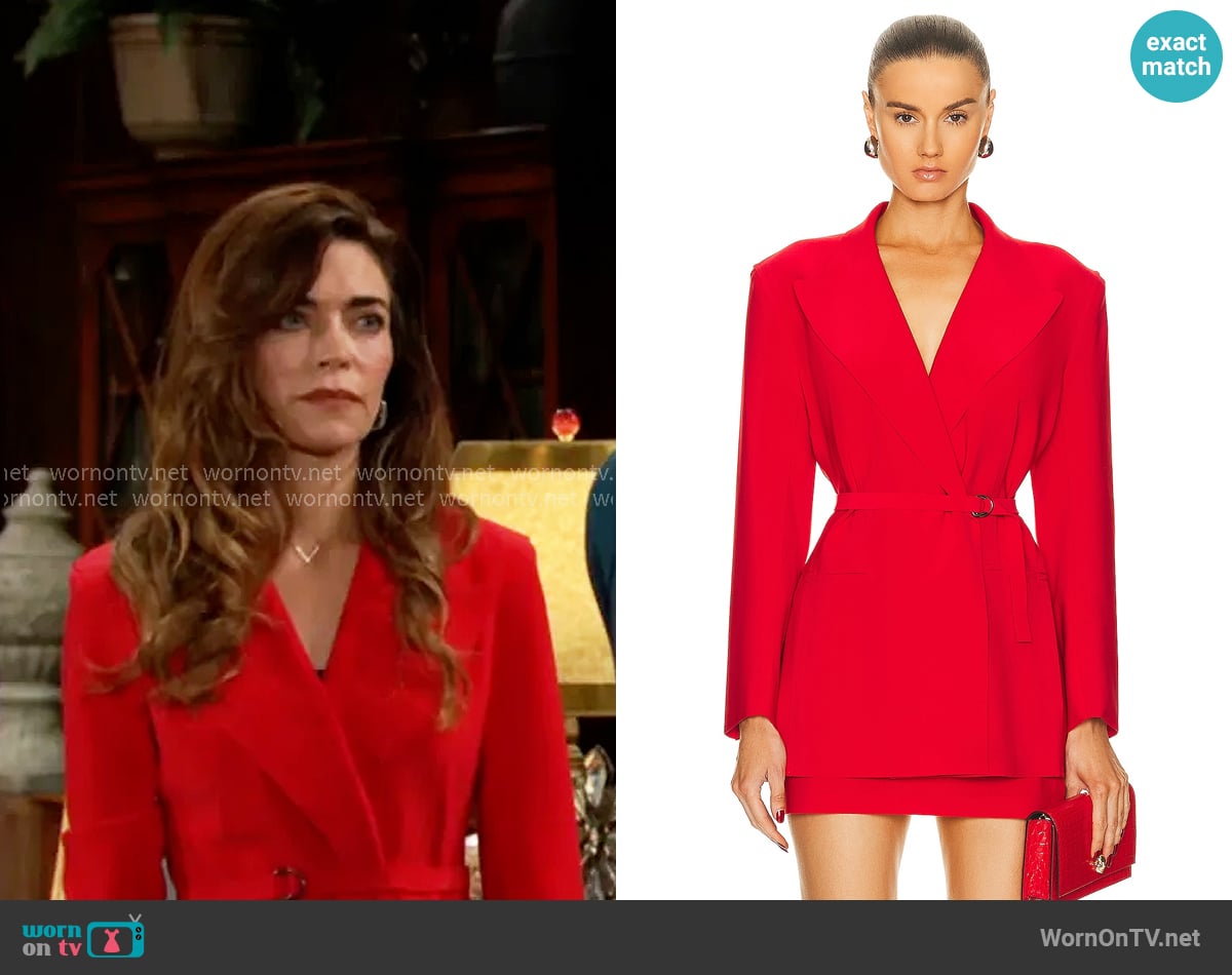 Norma Kamali Classic Double Breasted Jacket in Tiger Red worn by Victoria Newman (Amelia Heinle) on The Young and the Restless