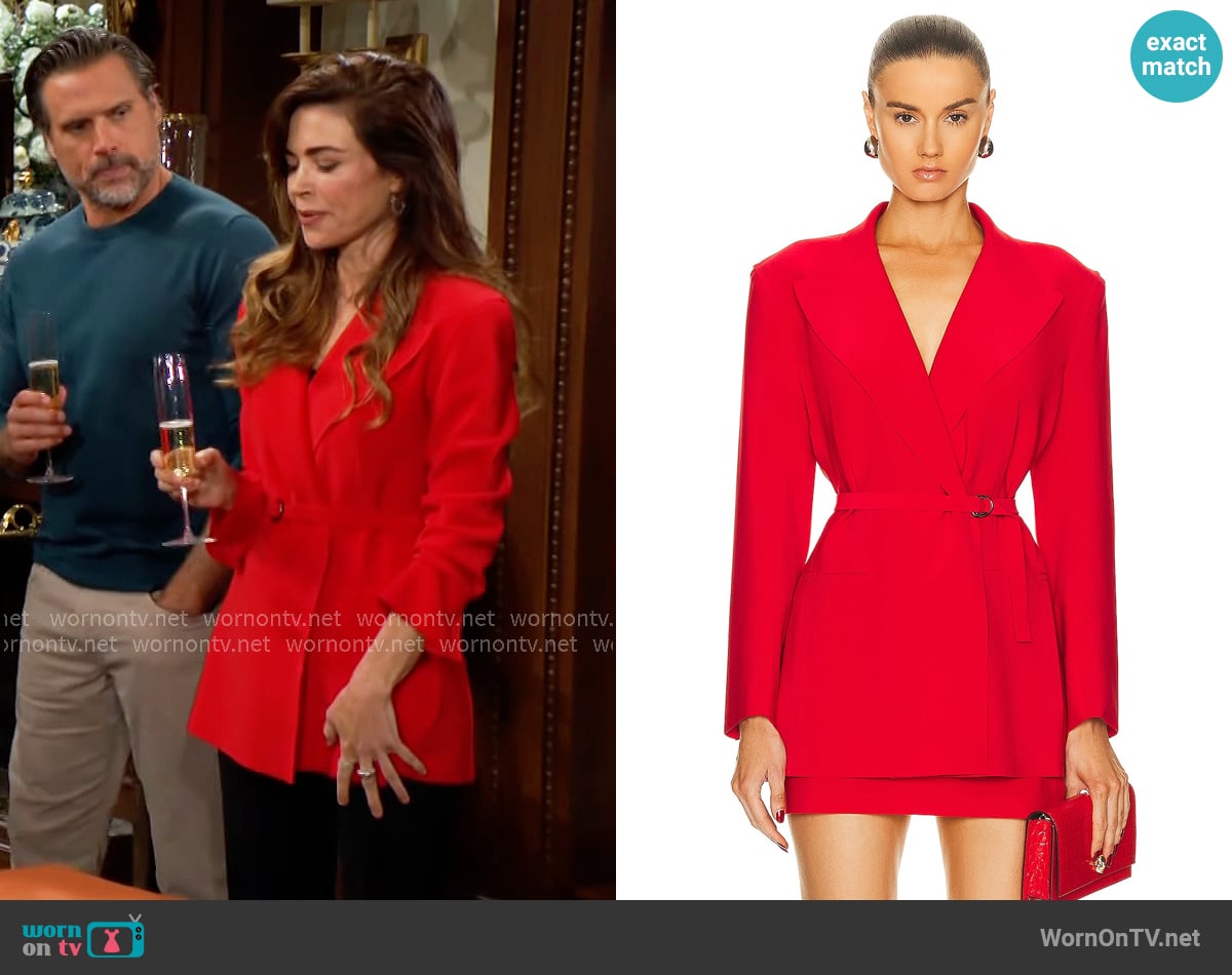 Norma Kamali Classic Double Breasted Jacket in Tiger Red worn by Victoria Newman (Amelia Heinle) on The Young and the Restless