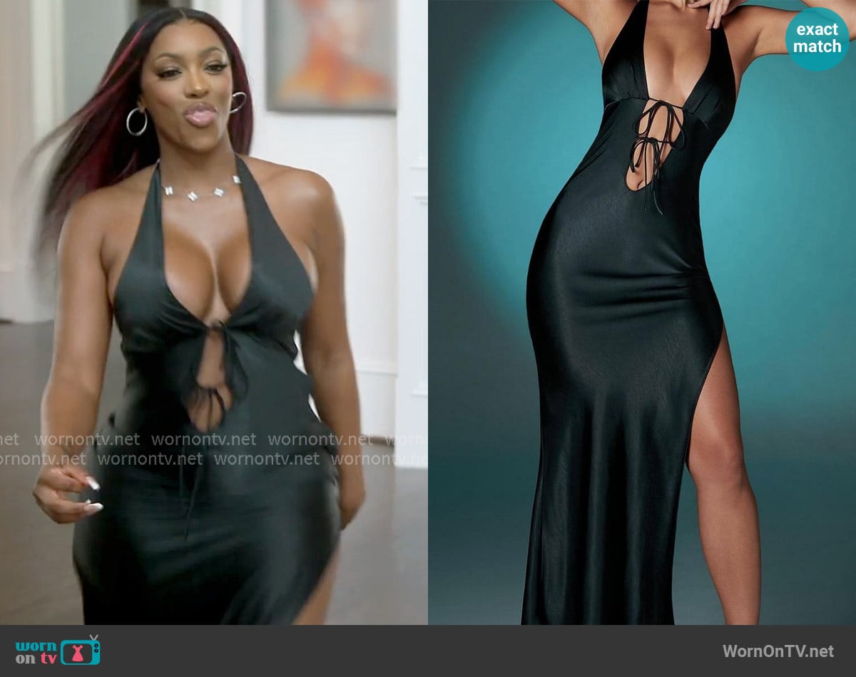 Oh Polly Black Tie Satin Dress worn by Porsha Williams on The Real Housewives of Atlanta