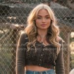 Oreana's cropped scallop trim cardigan and denim shorts on Dutton Ranch