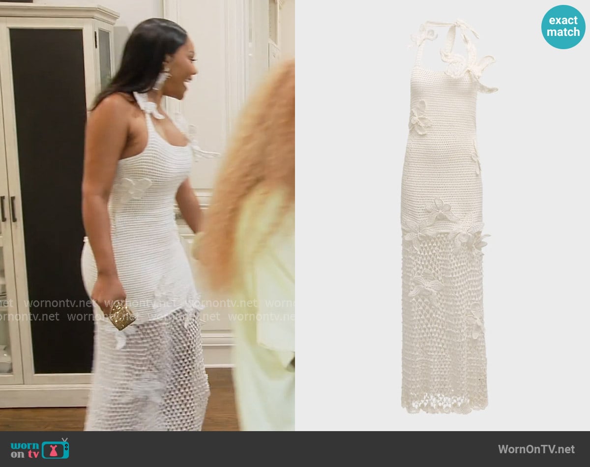 Oscar de la Renta Orchid Crochet Maxi Halter Dress worn by Angela Oakley on The Real Housewives of Atlanta