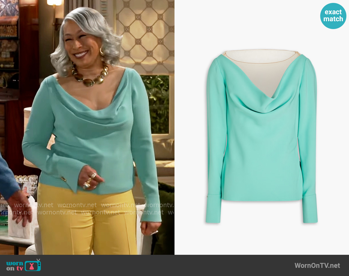 Oscar de la Renta Tulle-paneled draped silk-blend crepe blouse worn by Anita Dupree (Tamara Tunie) on Beyond the Gates