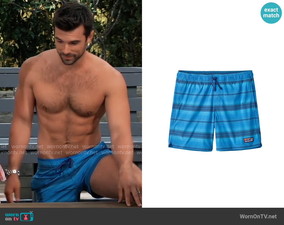 Patagonia Stretch Wavefarer Volley Swim Shorts in Rotation - Bayou Blue worn by Harrison Chase (Josh Swickard) on General Hospital