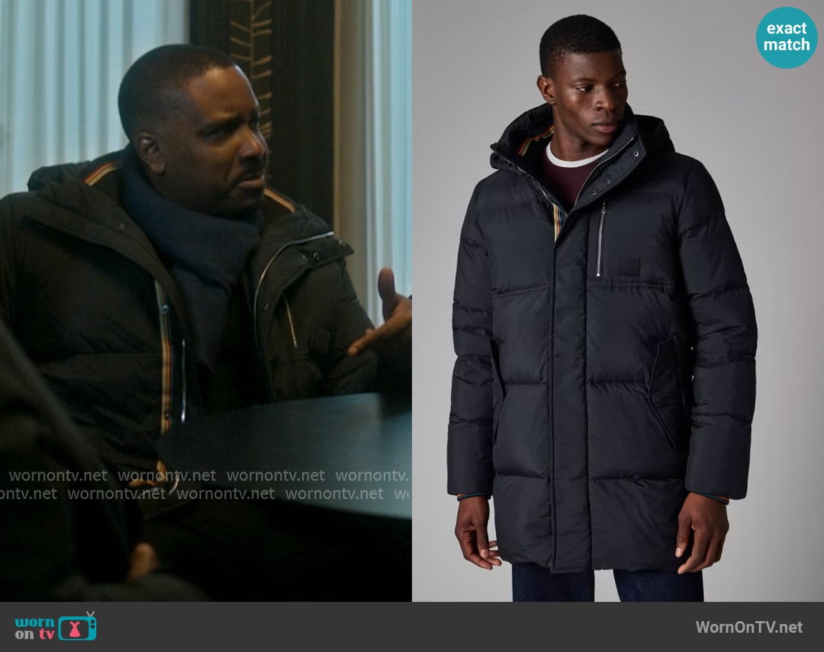 Paul Smith Black Water Repellent Mid-Length Down Coat worn by Shaad (Jason Weaver) on The Chi