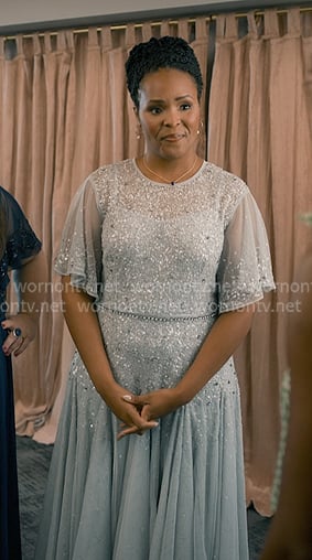 Peggy’s blue embellished tulle sheer dress on Sweet Magnolias