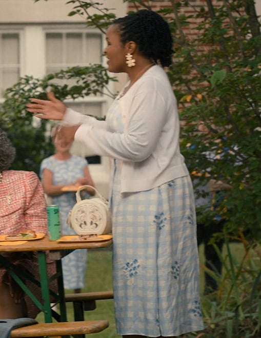 Peggy’s blue floral check dress on Sweet Magnolias