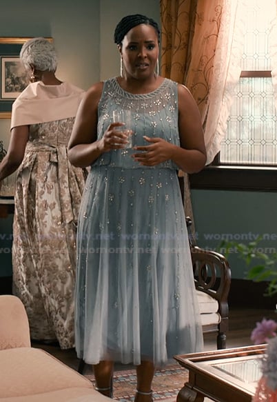 Peggy’s blue floral sleeveless tulle dress on Sweet Magnolias
