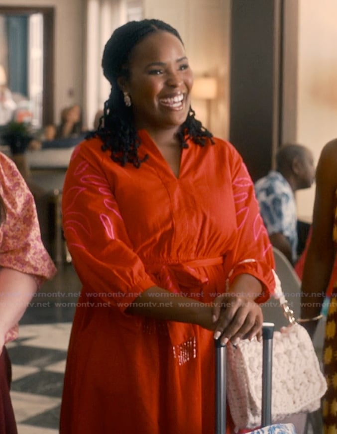 Peggy’s red floral embroidered dress on Sweet Magnolias