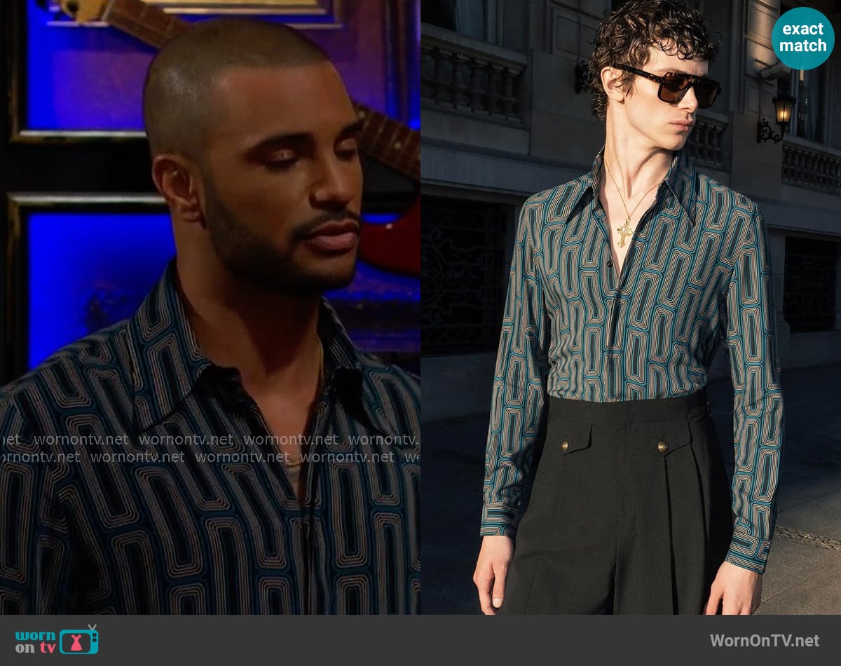Phix Blue 70's Geometric Viscose Shirt worn by Holden Novak (Nathan Owens) on The Young and the Restless