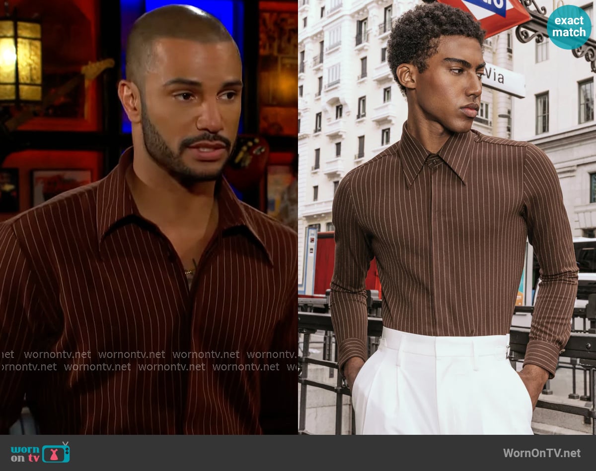 Phix Dark Brown Pinstripe Point Collar Shirt worn by Holden Novak (Nathan Owens) on The Young and the Restless