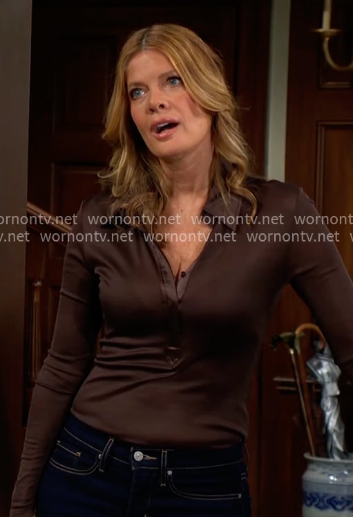 Phyllis’s brown long sleeve polo top on The Young and the Restless