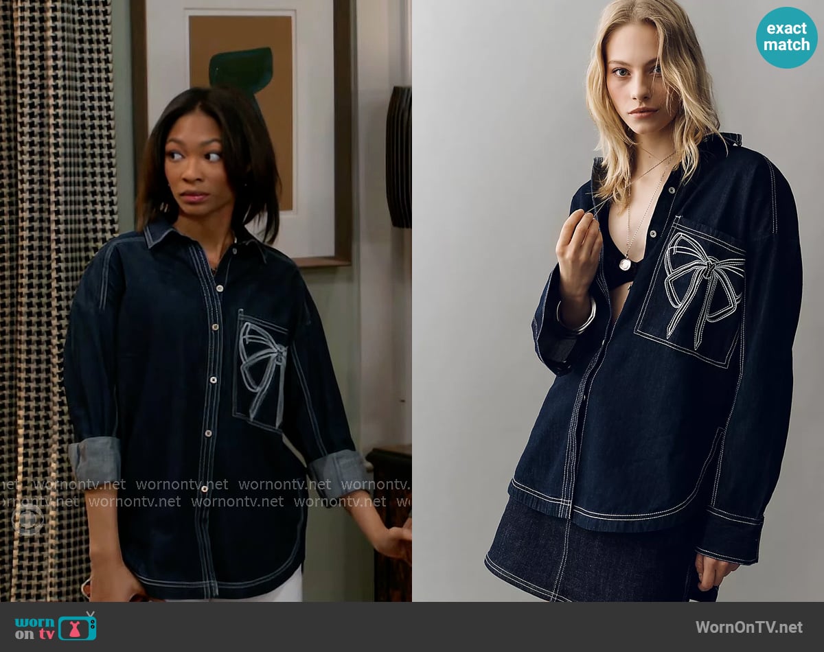 Pilcro at Anthropologie Denim Long-Sleeve Embroidered Bow Buttondown Shirt worn by Jessica Harris (Camryn Jade) on Beyond the Gates