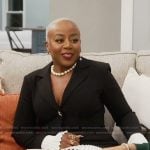 Pinky’s black contrast pleated detail dress on The Real Housewives of Atlanta