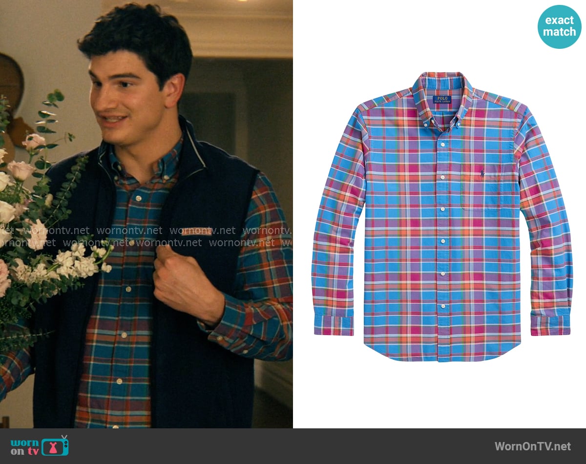 Polo Ralph Lauren Classic-Fit Plaid Button-Down Oxford Shirt in Blue Berry Multi worn by Davis Beau Bradley Barrett III (Will Angus) on Not Suitable For Work