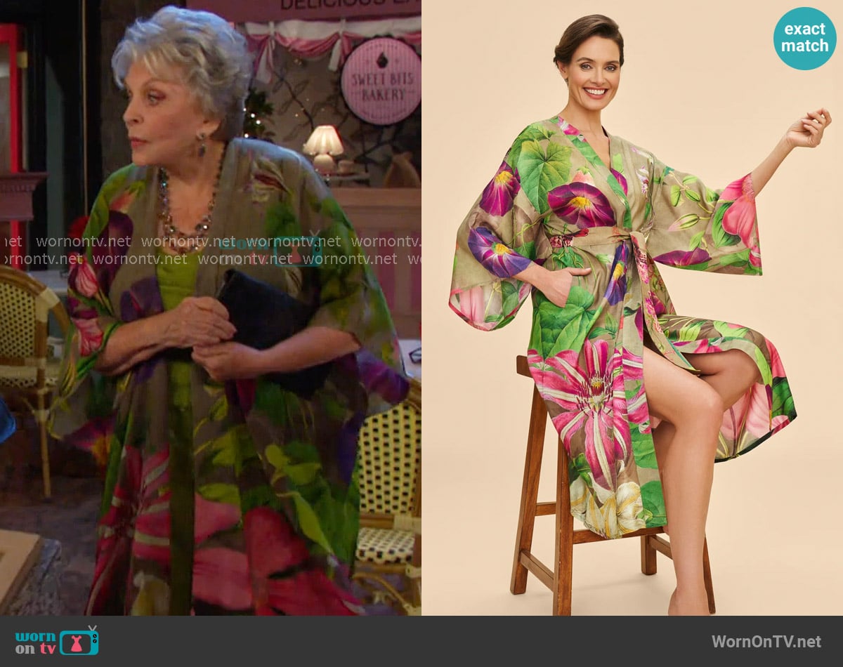 Powder Oversized Botanicals Kimono Gown worn by Julie Olson Williams (Susan Seaforth Hayes) on Days of our Lives