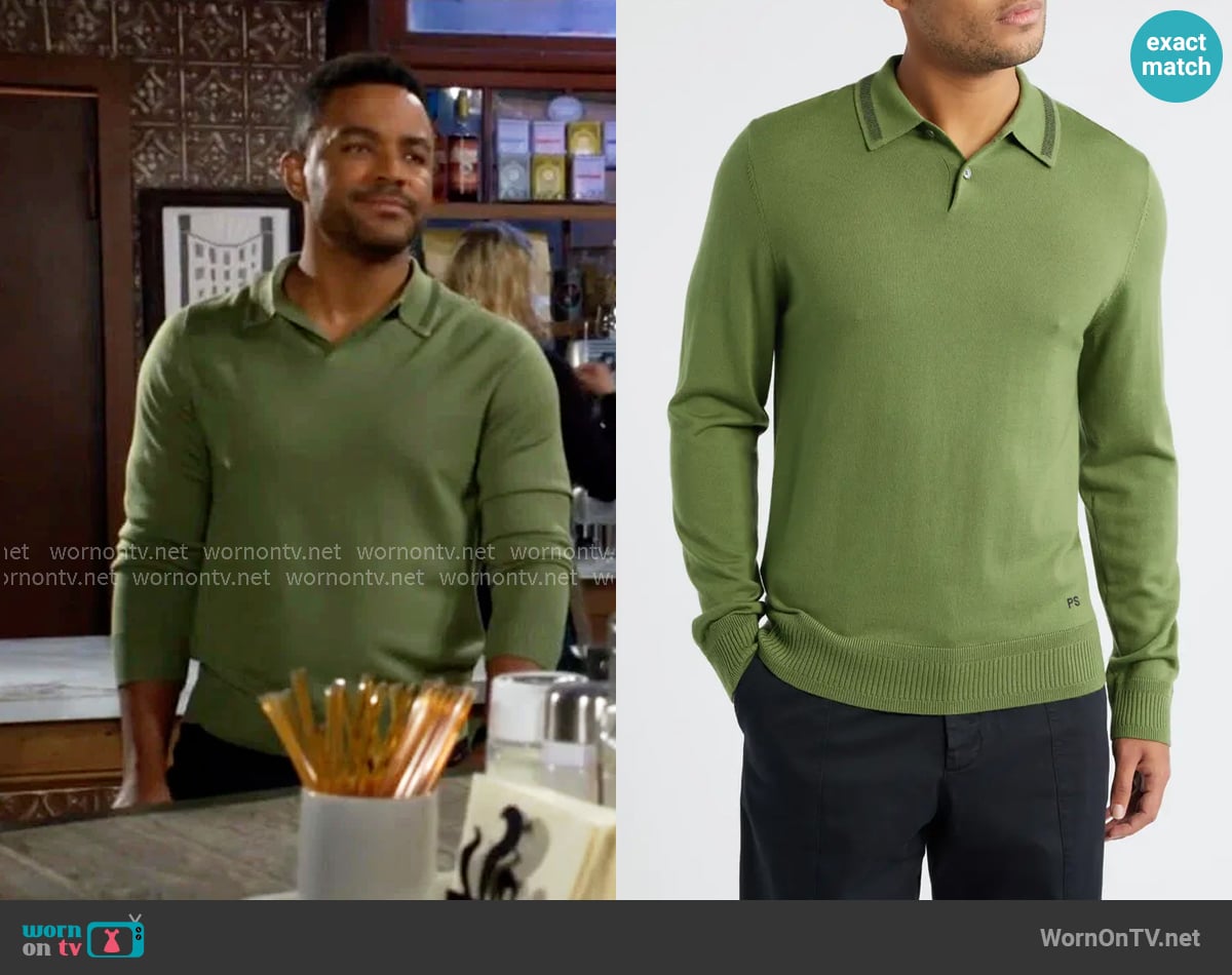 PS Paul Smith Long Sleeve Tipped Wool Polo Sweater in Green worn by Nate Hastings (Sean Dominic) on The Young and the Restless