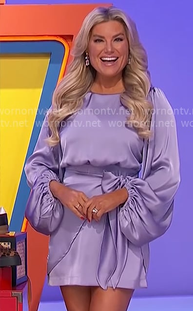Rachel’s lavender purple balloon sleeve dress on The Price is Right