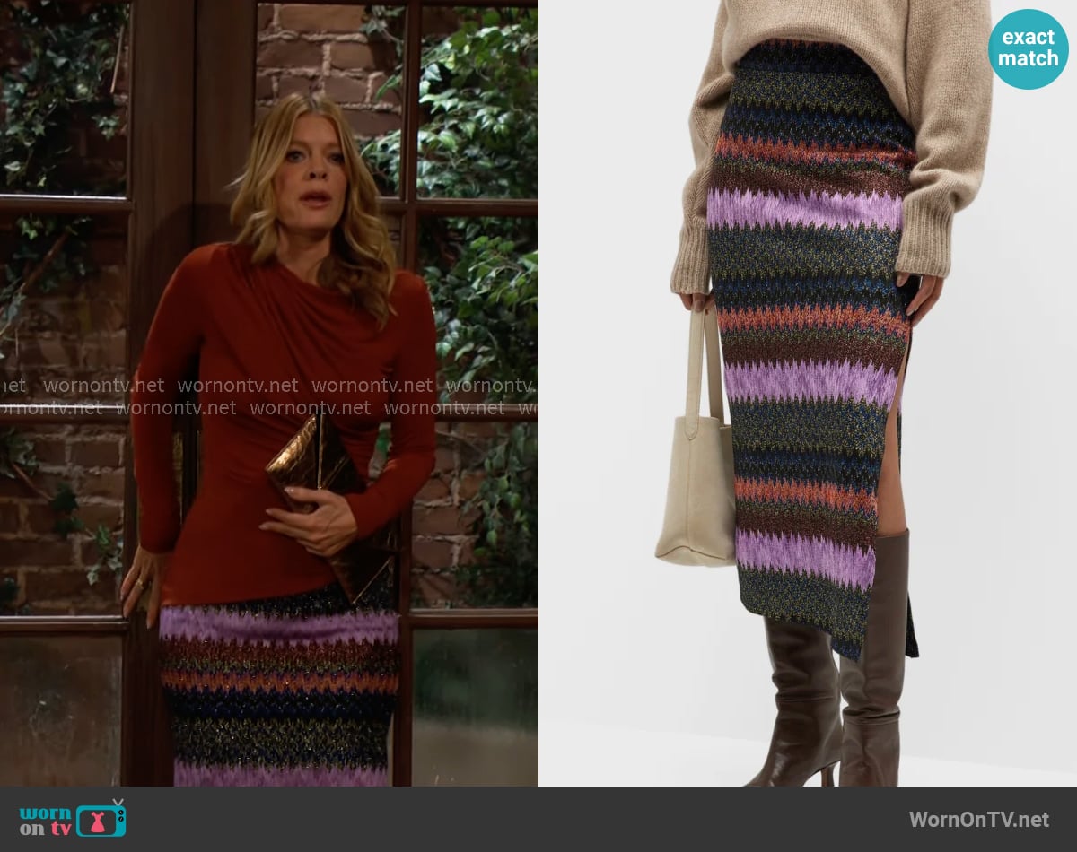 Ramy Brook Metallic Whiskey Midi Skirt worn by Phyllis Summers (Michelle Stafford) on The Young and the Restless