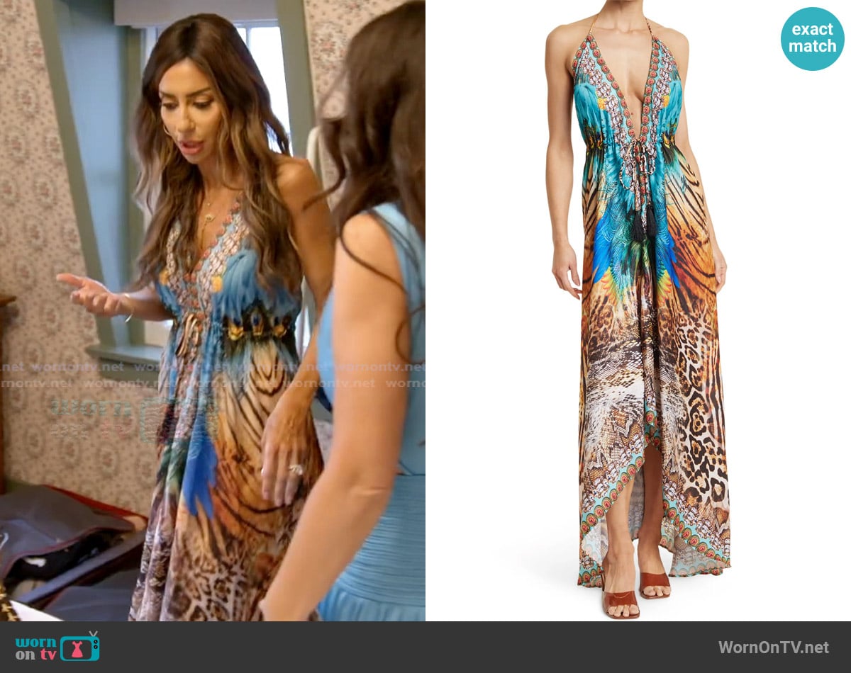 Ranees Bright Printed Halter Cover-Up Dress worn by Rulla Nehme Pontarelli on The Real Housewives of Rhode Island