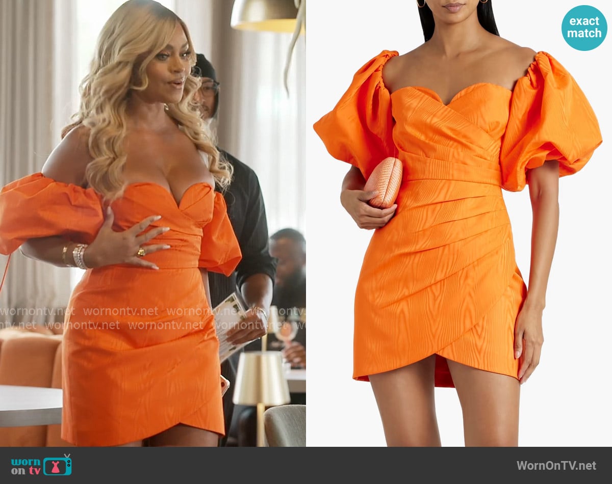 Rebecca Vallance Carmelita wrap-effect moire mini dress worn by Gizelle Bryant on The Real Housewives of Atlanta