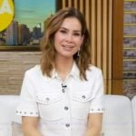 Rebecca's white studded short sleeve cardigan on Good Morning America