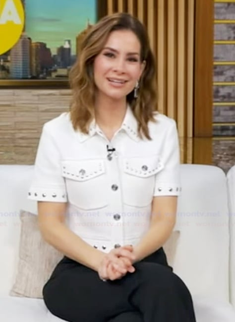 Rebecca’s white studded short sleeve cardigan on Good Morning America