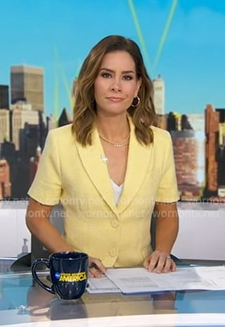 Rebecca’s yellow short sleeve tweed blazer on Good Morning America