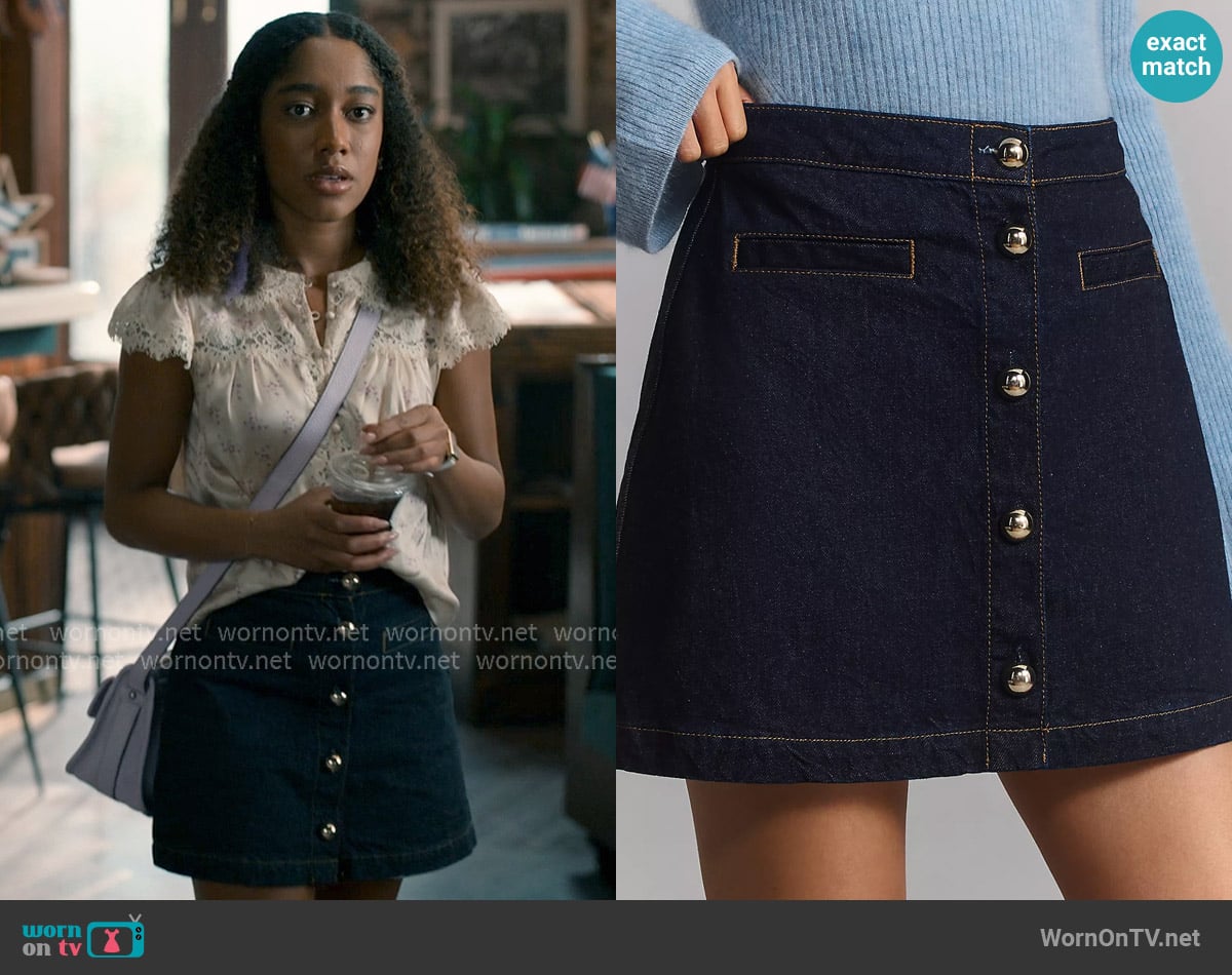 Reformation Amara High-Rise Denim Mini Skirt worn by  Jessica Whitley (Iman Benson) on Sweet Magnolias