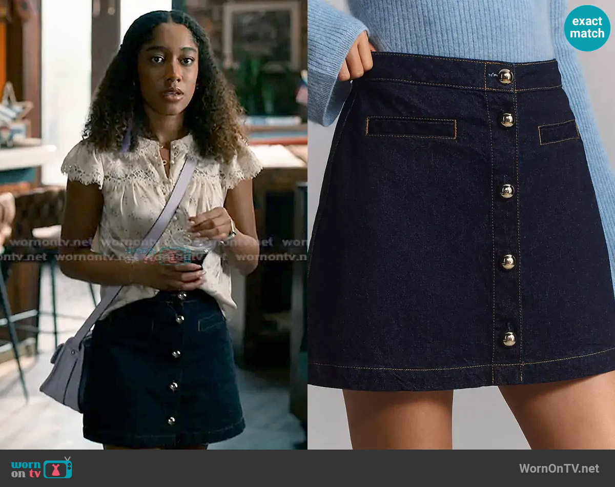 Reformation Amara High-Rise Denim Mini Skirt worn by  Jessica Whitley (Iman Benson) on Sweet Magnolias