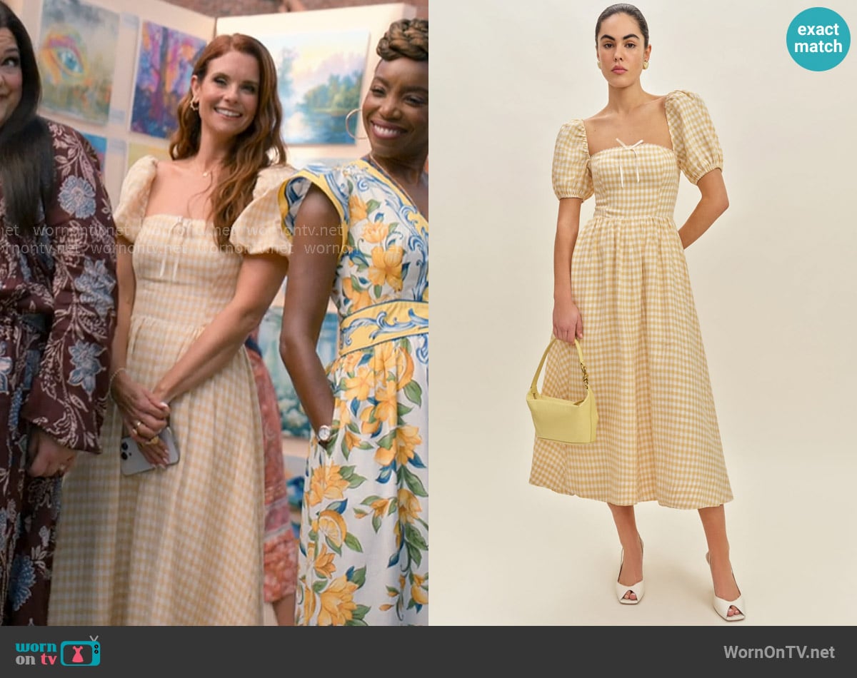 Reformation Marella Linen Dress in Sunshine Check worn by Maddie Townsend (JoAnna Garcia Swisher) on Sweet Magnolias