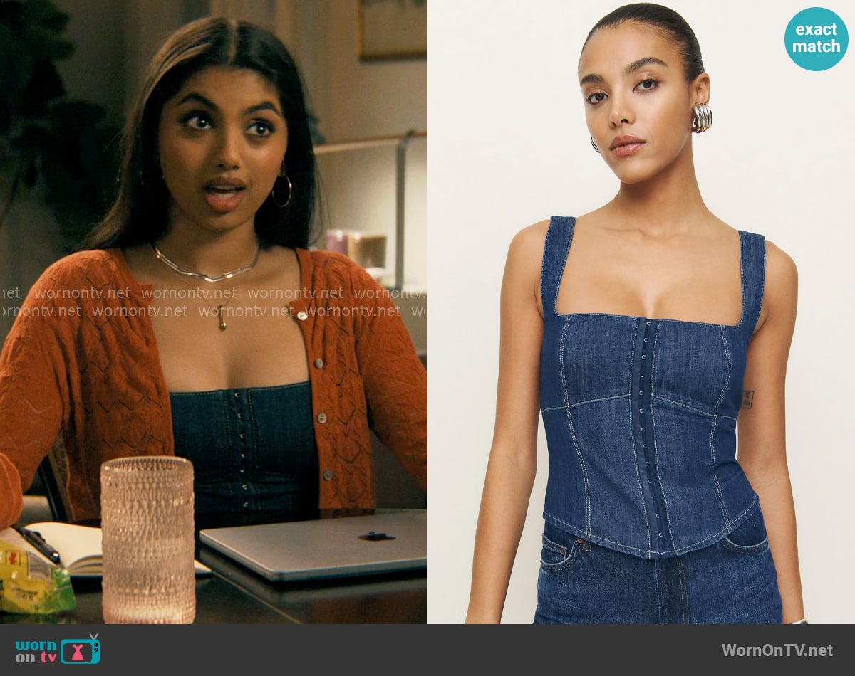Reformation Tagliatelle Denim Top worn by Abhinaya Chilukuri (Avantika) on Not Suitable For Work