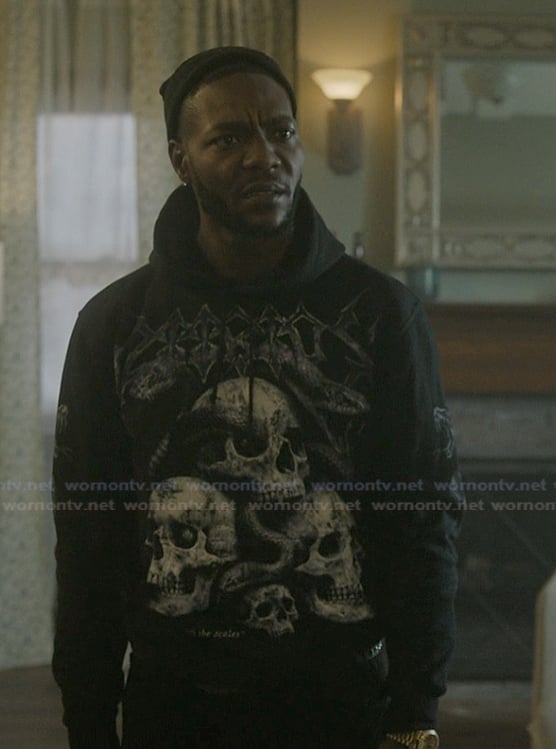 Reg’s skull graphic hoodie on The Chi