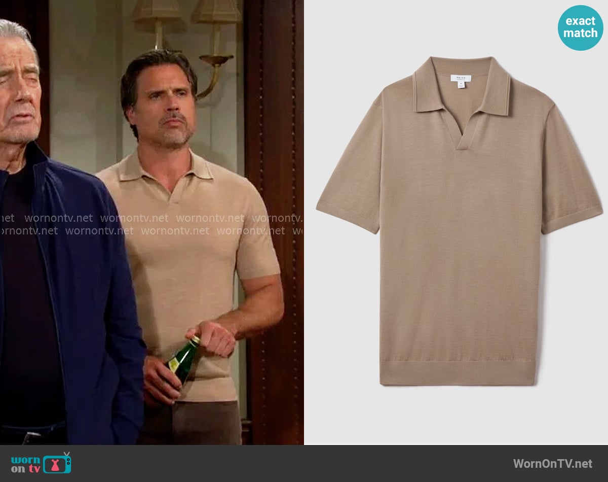 Reiss Duchie Merino Wool Open Collar Polo Shirt in Camel