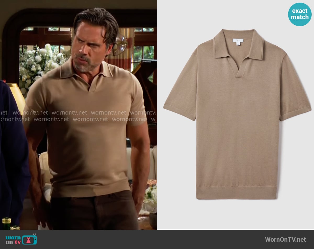 Reiss Duchie Merino Wool Open Collar Polo Shirt in Camel worn by Nick Newman (Joshua Morrow) on The Young and the Restless