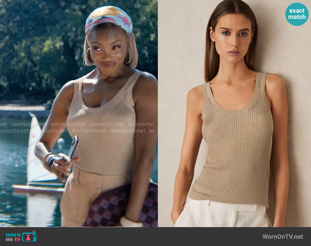 Reiss Imogen Metallic Vest Top in Gold worn by Helen Decatur (Heather Headley) on Sweet Magnolias
