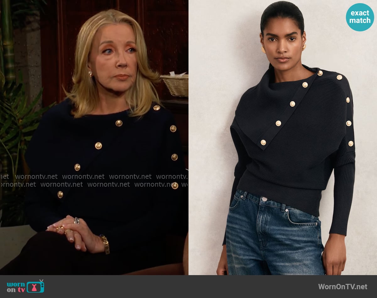 Reiss Lexi Rib-Knit Button Shawl Jumper in Navy worn by Nikki Reed Newman (Melody Thomas-Scott) on The Young and the Restless