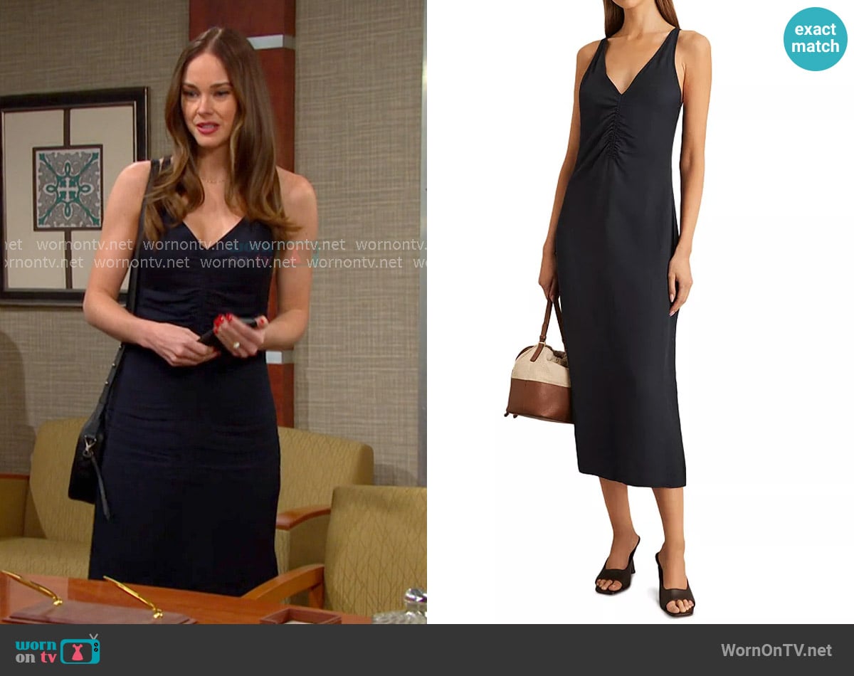 Reiss Pari Ruched Midi Dress in Navy worn by Stephanie Johnson (Abigail Klein) on Days of our Lives