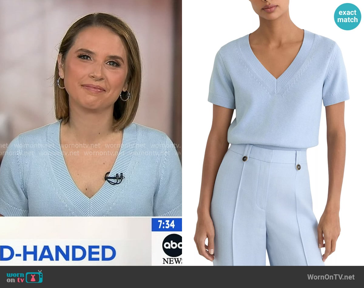 Reiss Valerie Cotton-Wool Knit V-Neck Top in Soft Blue worn by Elizabeth Schulze on Good Morning America