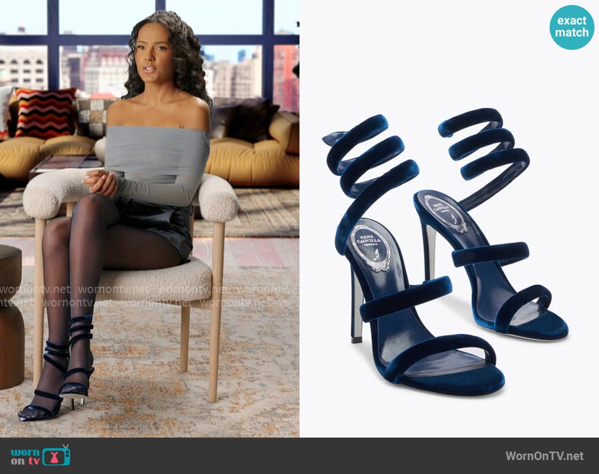Rene Caovilla Cleo Navy Velvet Sandal 105 worn by Ava Dash on Next Gen NYC