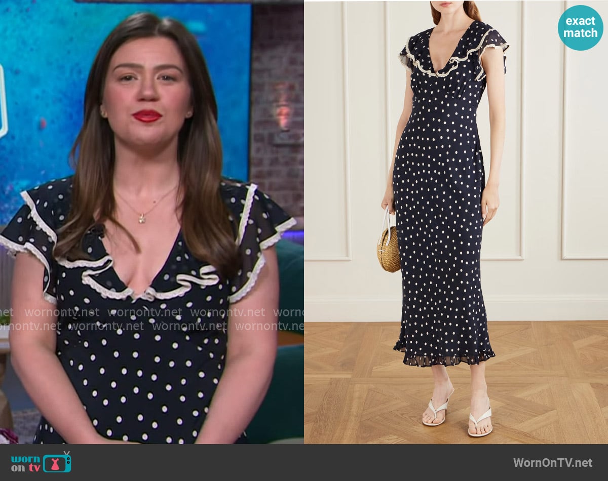 Rixo Bethea crochet-trimmed polka-dot crepe midi dress worn by Kelly Clarkson on The Kelly Clarkson Show