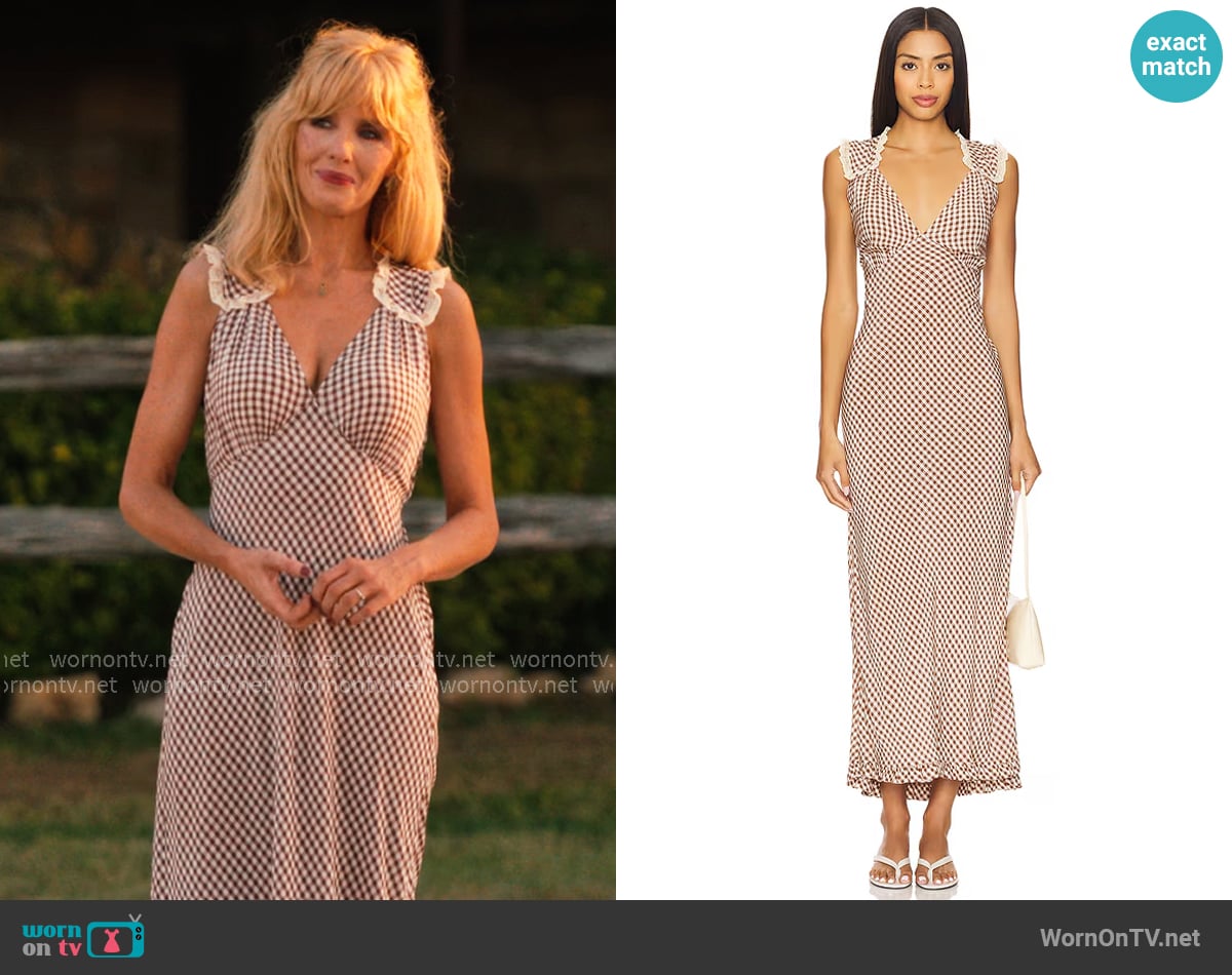 Rixo Chessie Dress in French Check Brown worn by Beth Dutton (Kelly Reilly) on Dutton Ranch