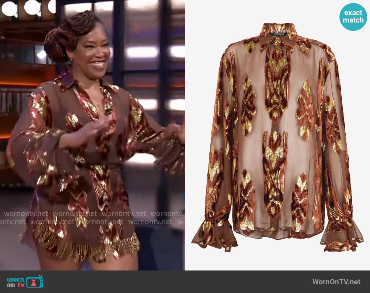 Roberto Cavalli Brown Fil Coupé Shirt worn by Regina King on The Kelly Clarkson Show