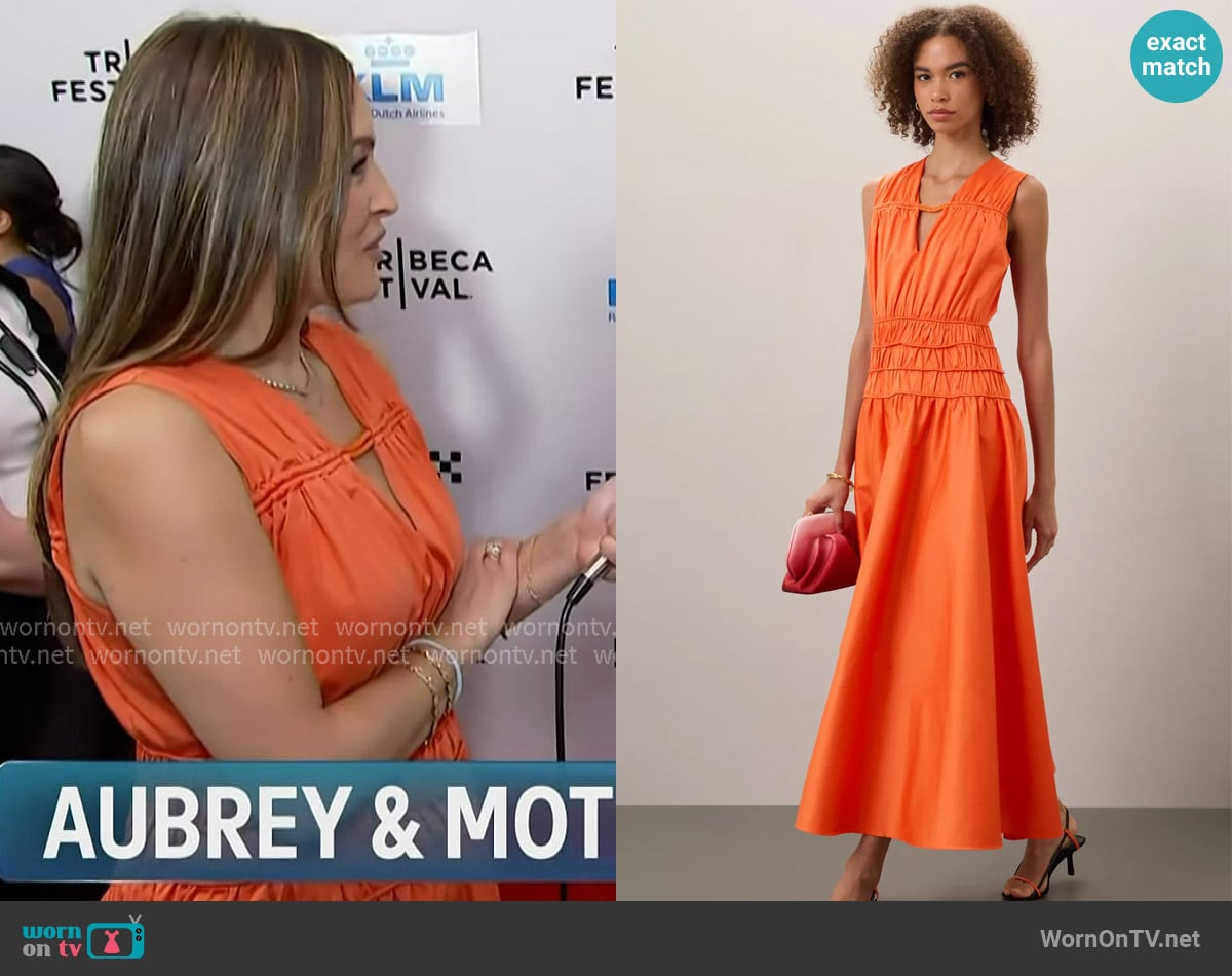 Rocksanda x RTR Orange Smocked Waist Maxi Dress worn by Emily Orozco on Access Hollywood