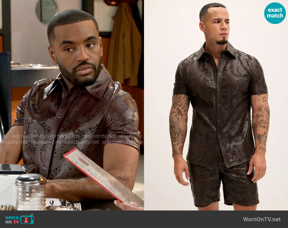 Ron Thompson Cut-out Laser Leather Shirt in Dark Brown worn by Andre Richardson (Sean Freeman) on Beyond the Gates
