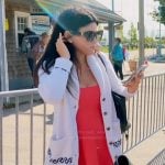 Rosie’s white cardigan and dress on The Real Housewives of Rhode Island