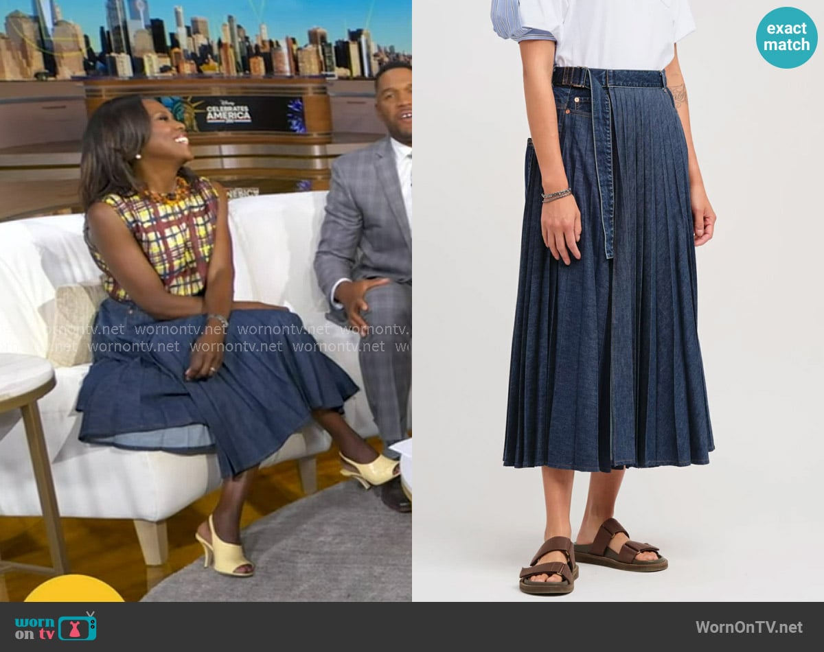 Sacai Pleated Denim Wrap Skirt in Indigo Blue worn by Deborah Roberts on Good Morning America