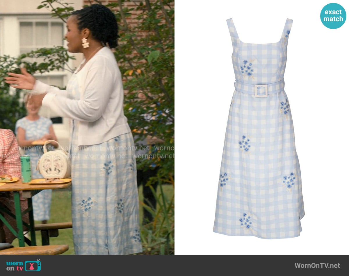Sachin Babi Bryce Blue Gingham & Floral Embroidered Dress worn by  Peggy Joyce Martin (Brittany L. Smith) on Sweet Magnolias