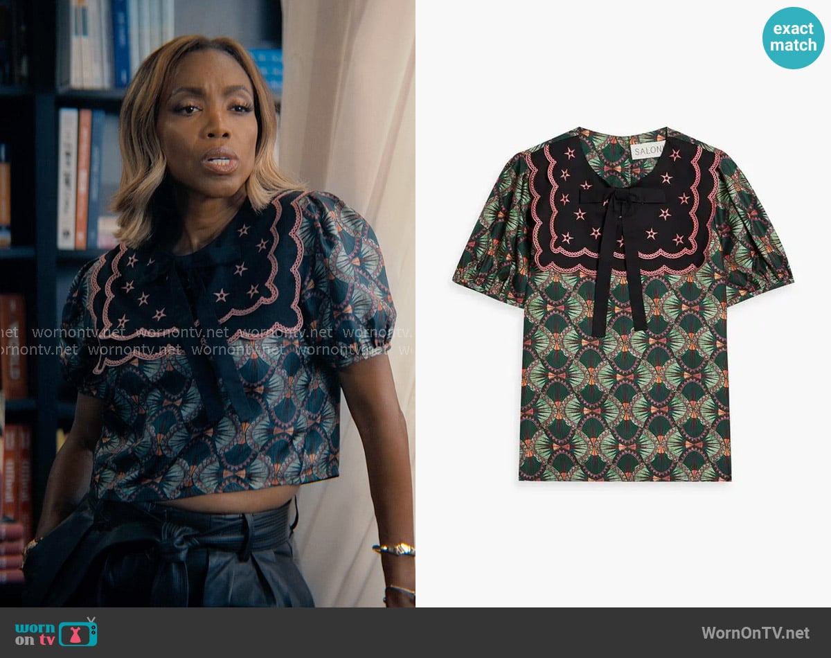 Saloni Marlowe Printed Silk-twill Top worn by Helen Decatur (Heather Headley) on Sweet Magnolias